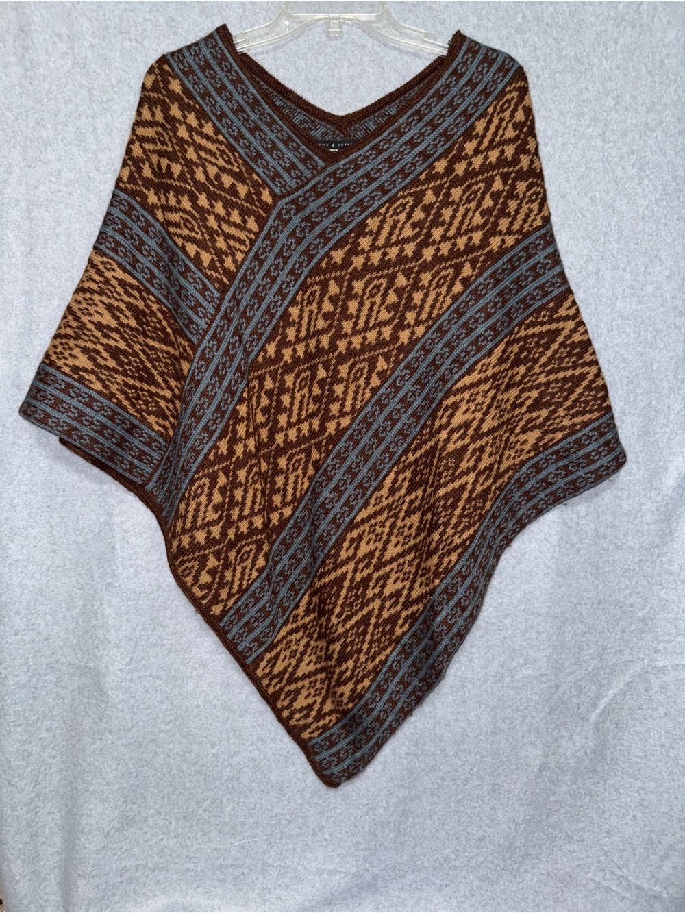 Peruvian Connection 100% Alpaca Poncho Sweater Wrap Brown Blue  Made in Bolivia